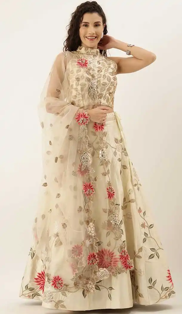 Creem Color Satin Silk Designer Bridal Mehendi Sangeet Wear Lehenga Choli -AC86205421