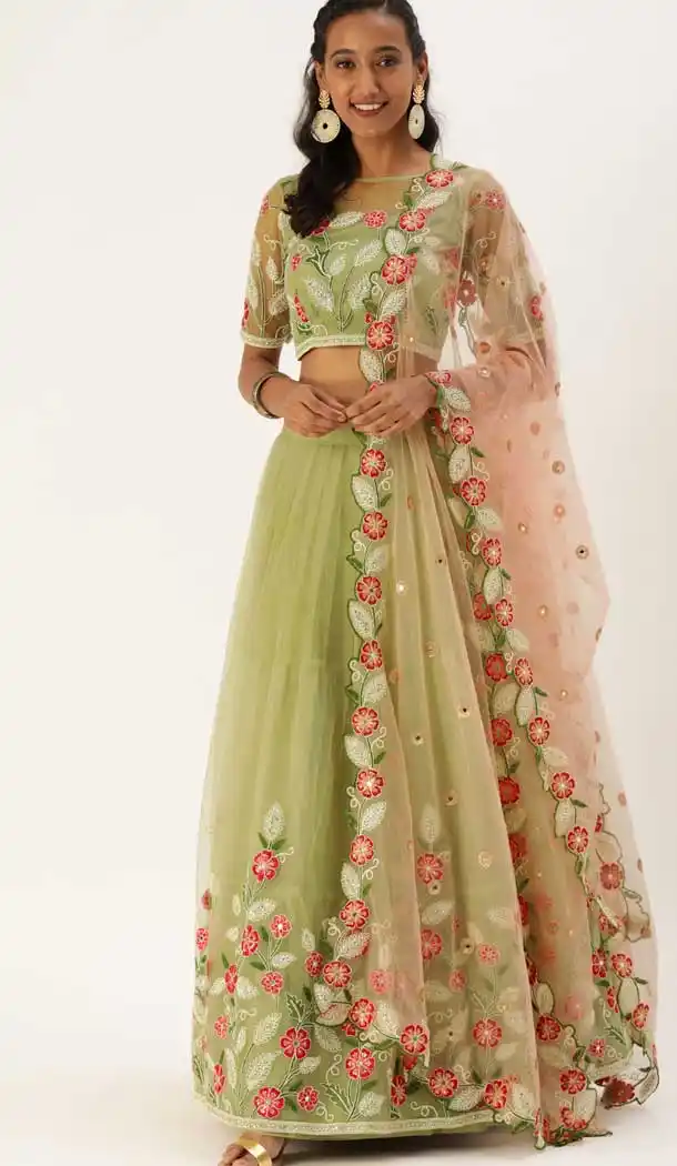 Green Color Net Designer Bridal Mehendi Sangeet Wear Lehenga Choli -AC86205422