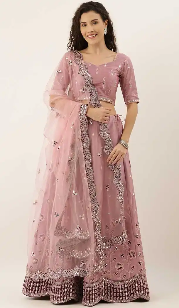 Rose Pink Color Satin Silk Designer Mehendi Sangeet Wear Lehenga Choli AC86225435