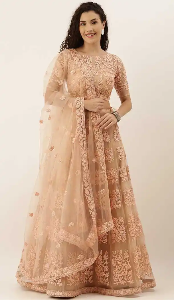 Peach Color Net Designer Mehendi Sangeet Wear Lehenga Choli AC86225437