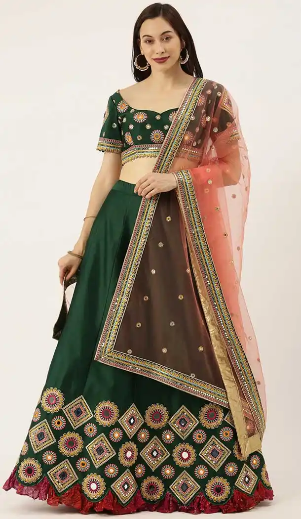 Green Color Satin Silk Designer Mehendi Sangeet Wear Lehenga Choli AC86225439