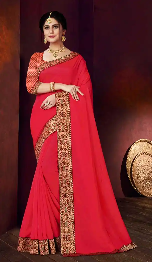 Gajari Color Vichitra Silk Casual Office Party Wear Saree Blouse -284119701