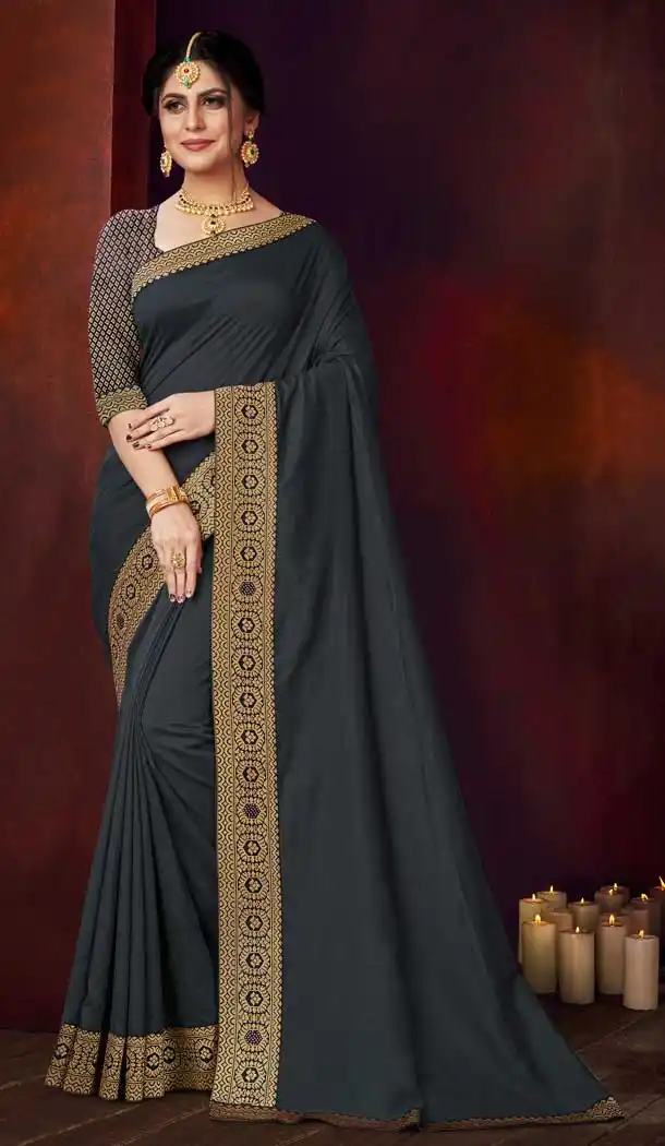 Dark Grey Color Vichitra Silk Casual Office Party Wear Saree Blouse -284119702