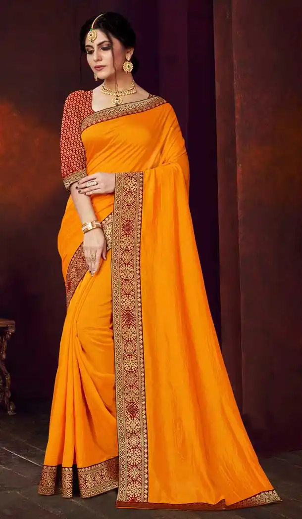 Musterd Color Vichitra Silk Casual Office Party Wear Saree Blouse -284119703