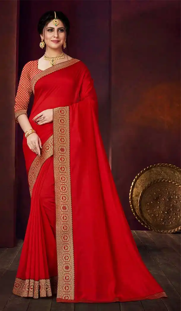 Red Color Vichitra Silk Casual Office Party Wear Saree Blouse -284119706