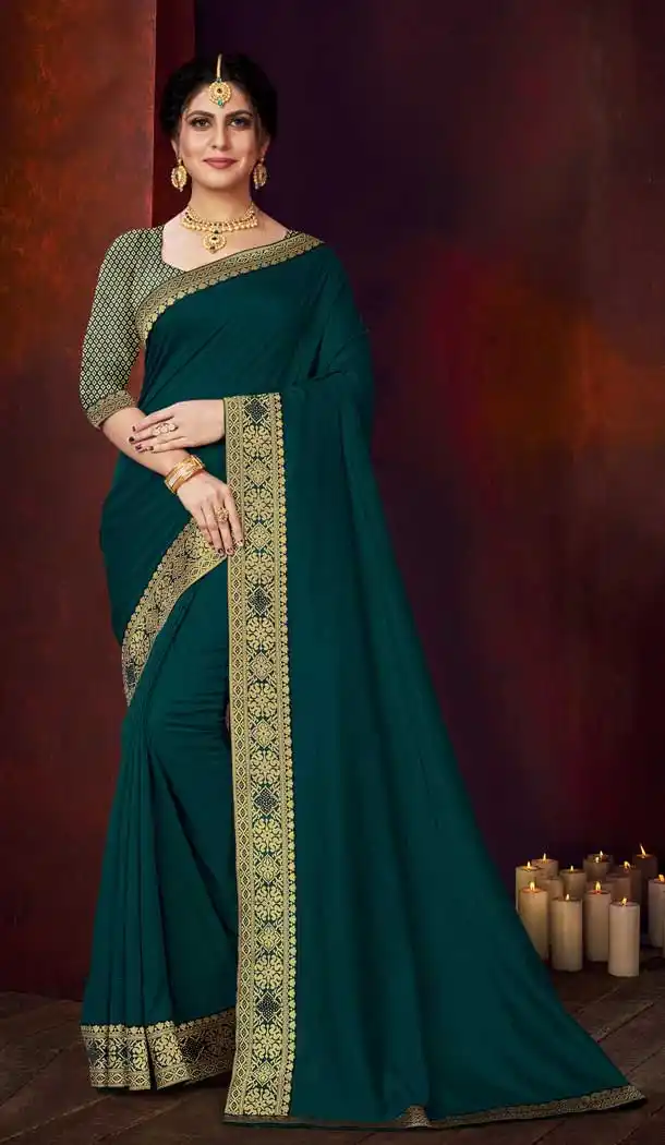 Teal Blue Color Vichitra Silk Casual Office Party Wear Saree Blouse -284119707