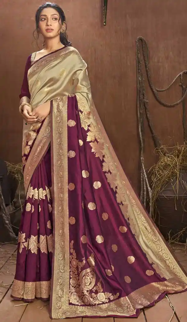 Wine Color Jacquard Silk Casual Office Party Wear Classic Saree Blouse -289119750