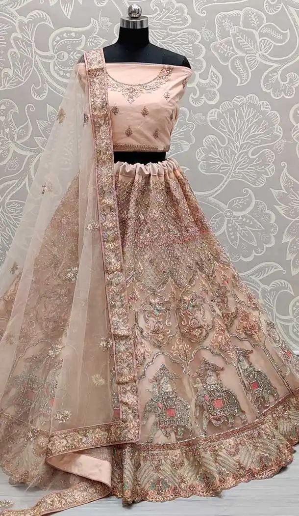 Peach Color Net Heavy Look Bridal Wedding Wear Lehenga Choli -86695759