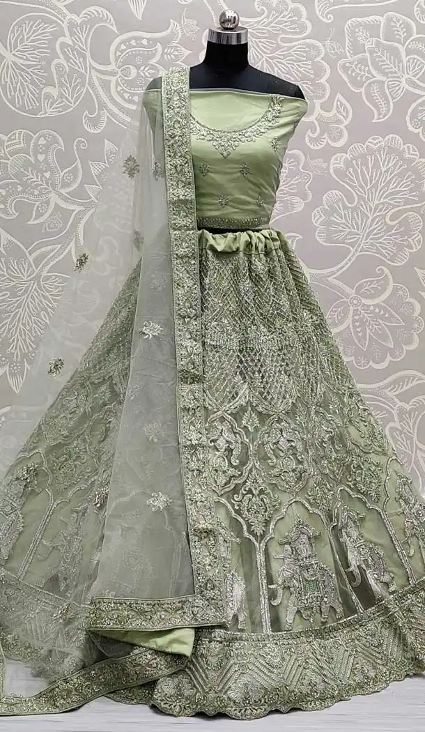 Green Color Net Heavy Look Bridal Wedding Wear Lehenga Choli -86695760