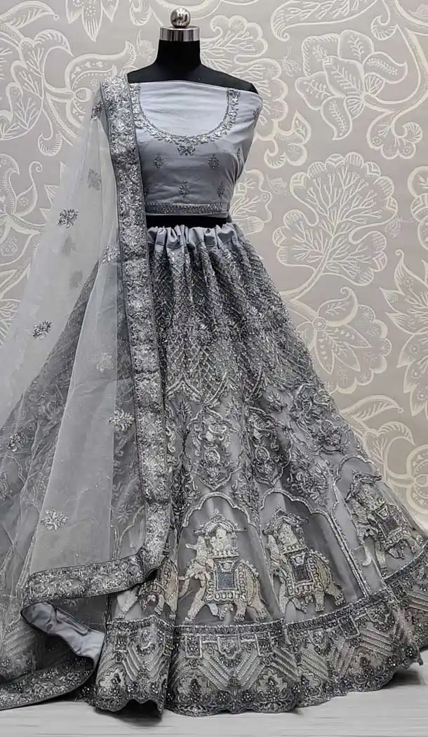 Grey Color Net Heavy Look Bridal Wedding Wear Lehenga Choli -86695762