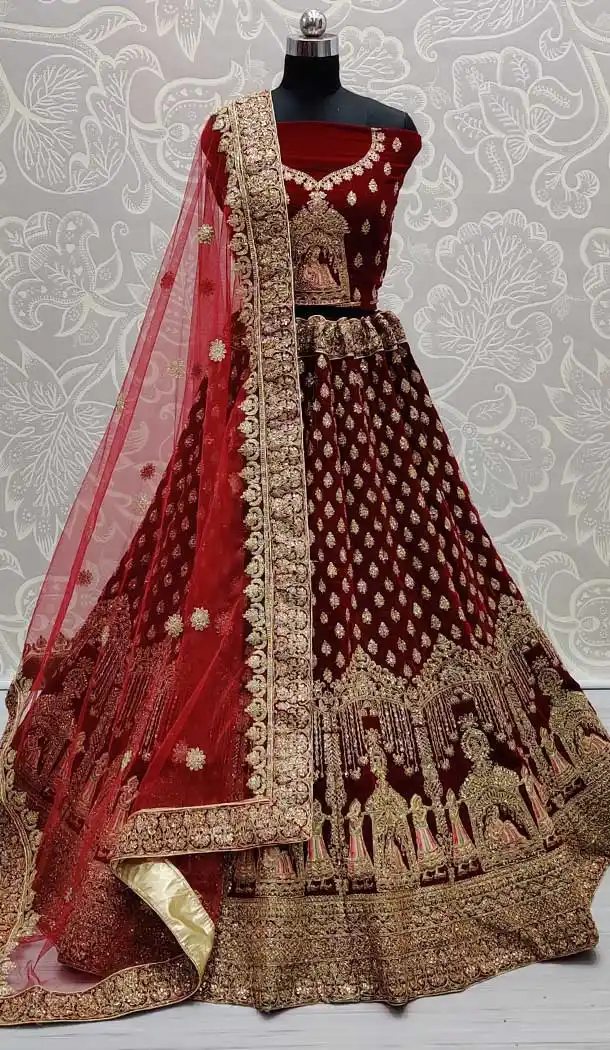 Maroon Color Velvet Heavy Bridal Wedding Wear Lehenga Choli -86715768