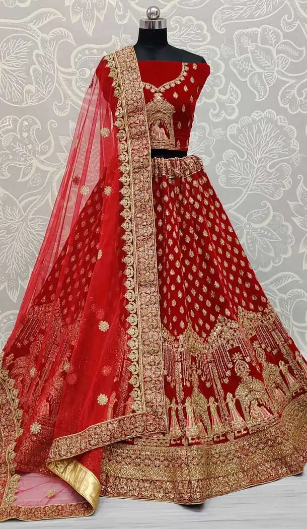 Red Color Velvet Heavy Bridal Wedding Wear Lehenga Choli -86715769