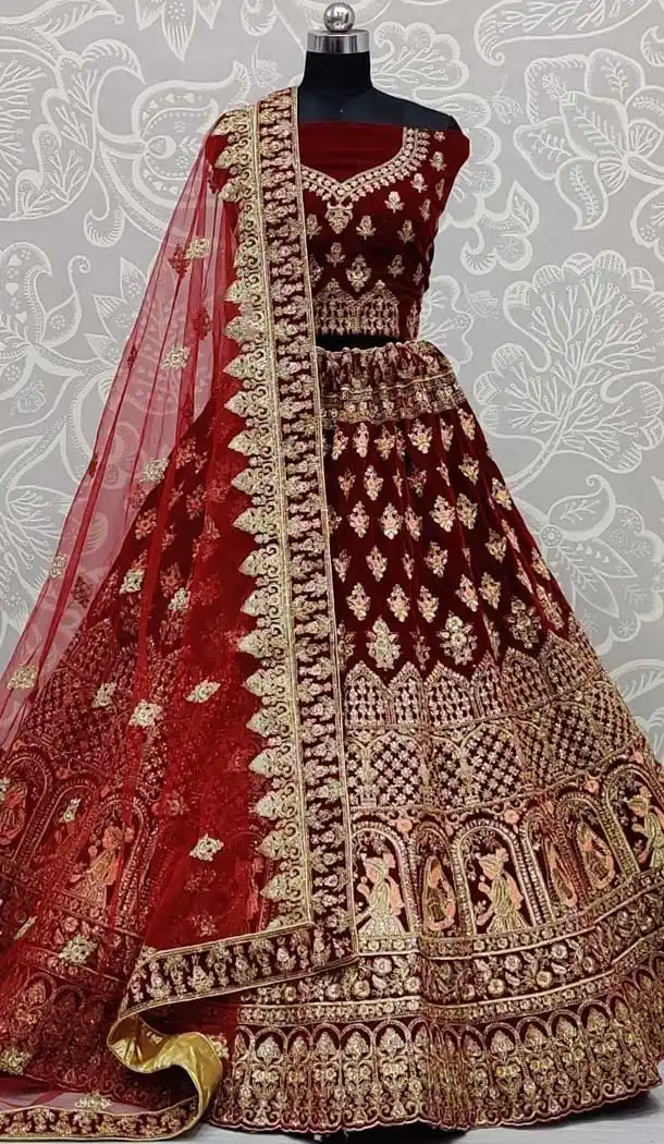 Styled Maroon Color Velvet Heavy Bridal Wedding Wear Lehenga Choli -86715770