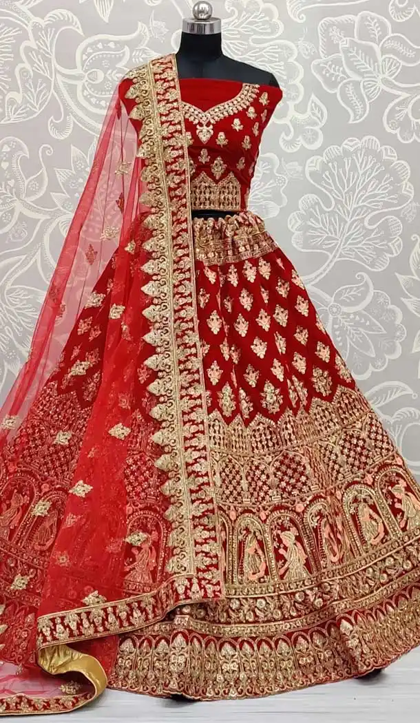 Styled Red Color Velvet Heavy Bridal Wedding Wear Lehenga Choli -86715771