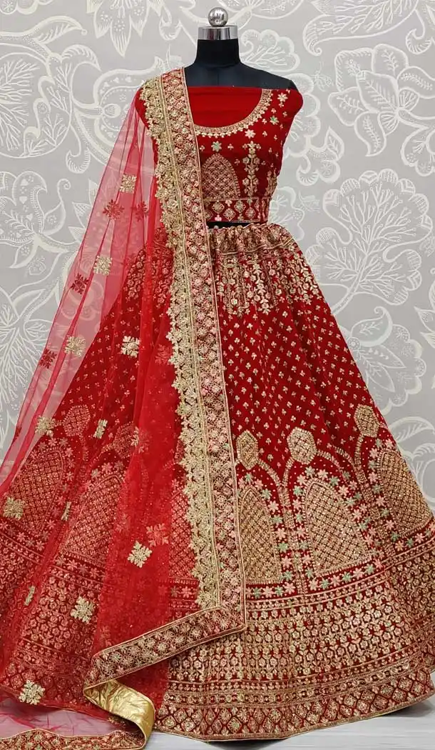 Elegant Red Color Velvet Heavy Bridal Wedding Wear Lehenga Choli -86715773