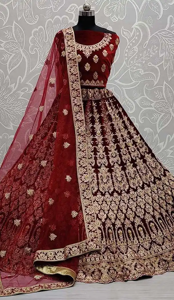 Maroon Color Velvet Heavy Wedding Mehendi Sangeet Wear Lehenga Choli -97555164