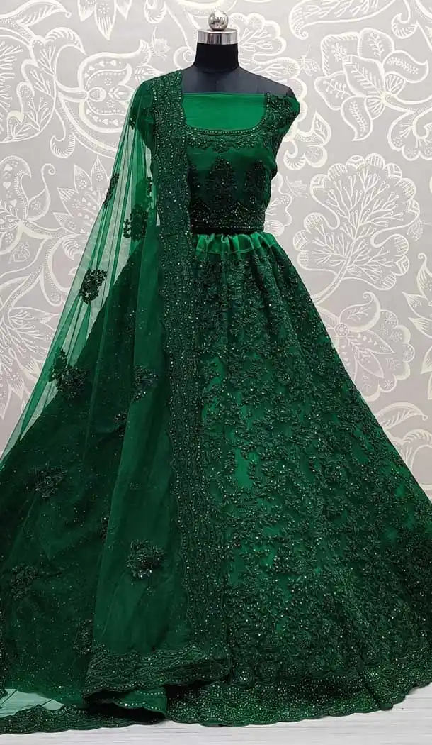 Green Color Net Designer Bridal Wedding Wear Women Lehenga Choli -86745785