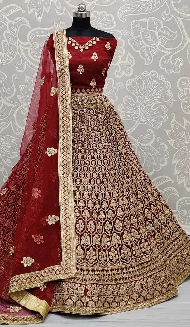 Maroon Color Net Designer Bridal Wedding Wear Women Lehenga Choli -86745788