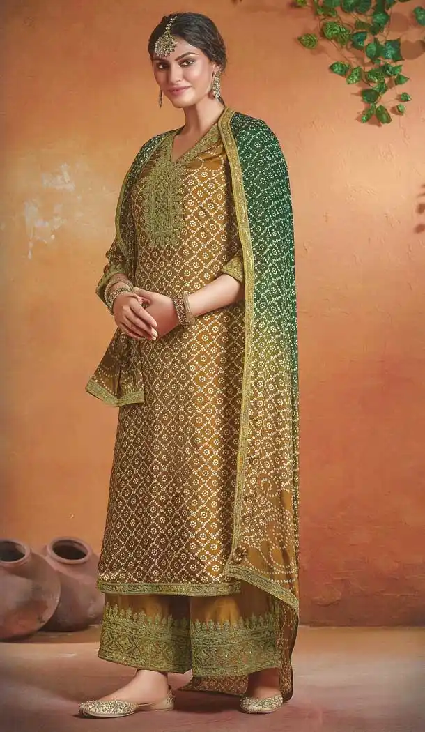 Yellow Color Tusser Silk Evening Party Wear Palazzo Suit -316119929