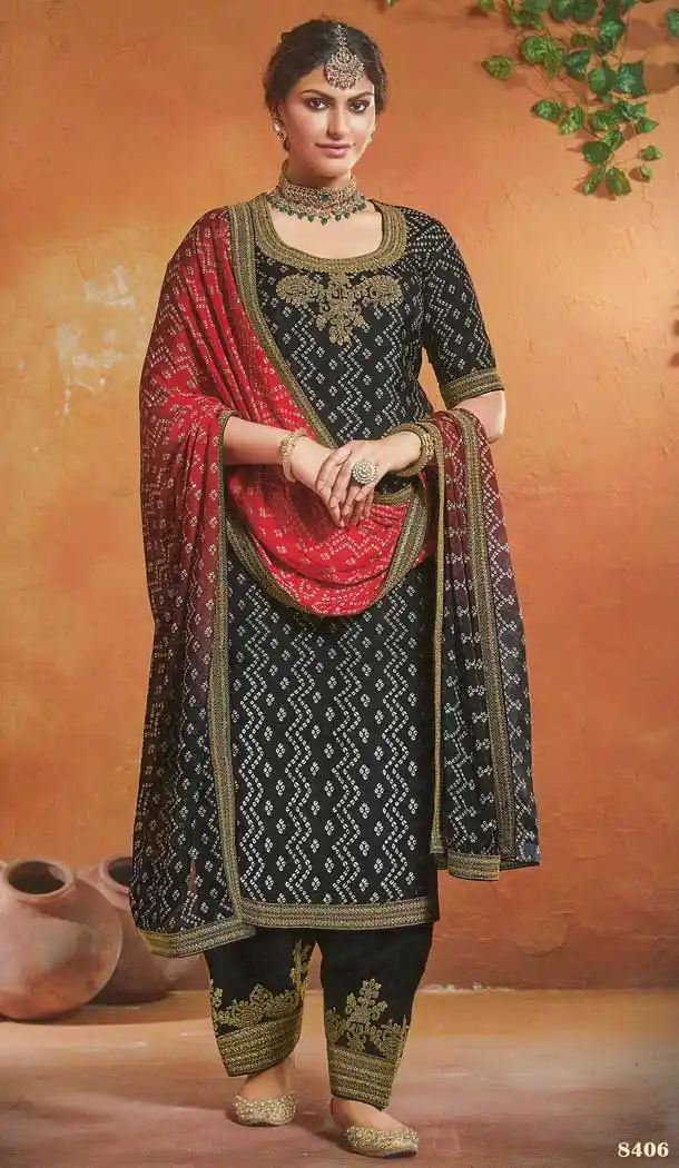 Black Color Tusser Silk Evening Party Wear Palazzo Suit -316119933