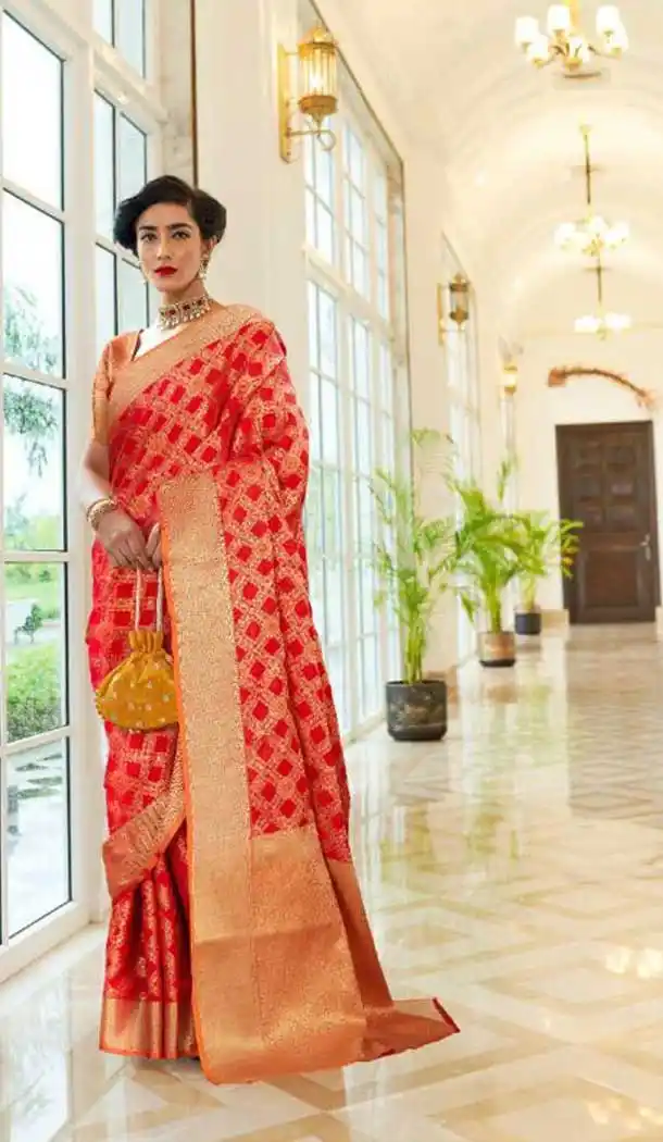 Red Color Patola Weaving Silk Casual Party Wear Saree Blouse -317119940
