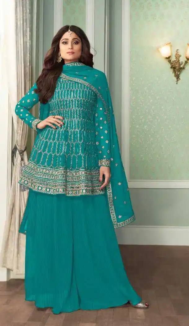 Sky Blue Color Real Georgette Designer Party Wear Palazzo Salwar Suit -324120011