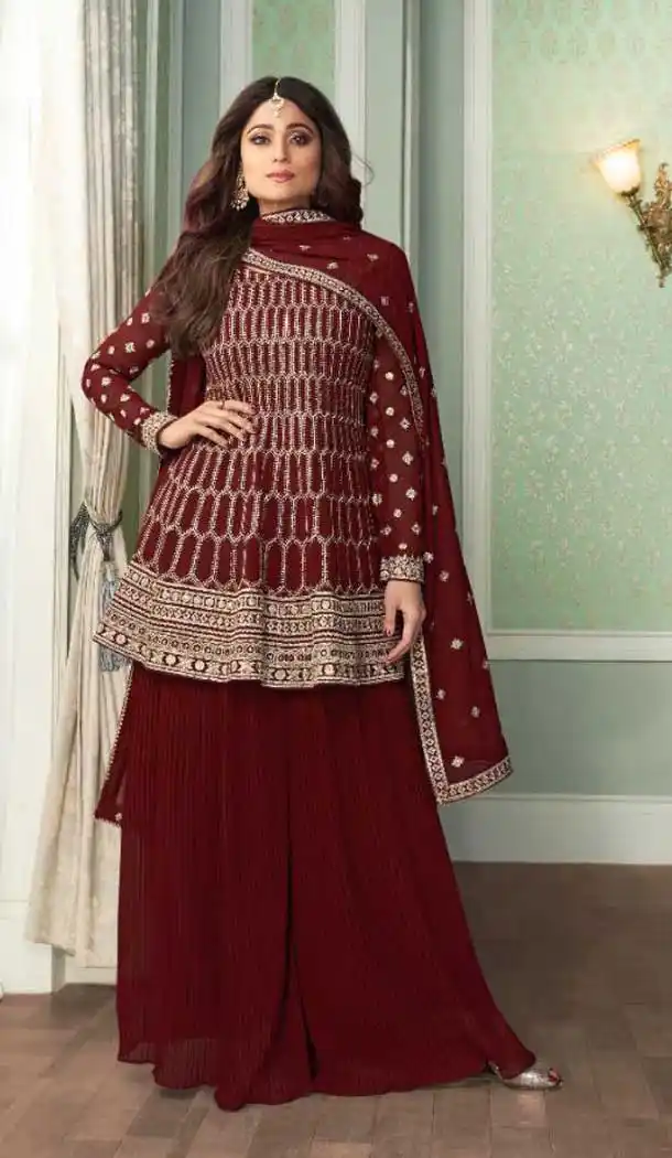 Maroon Color Real Georgette Designer Party Wear Palazzo Salwar Suit -324120012