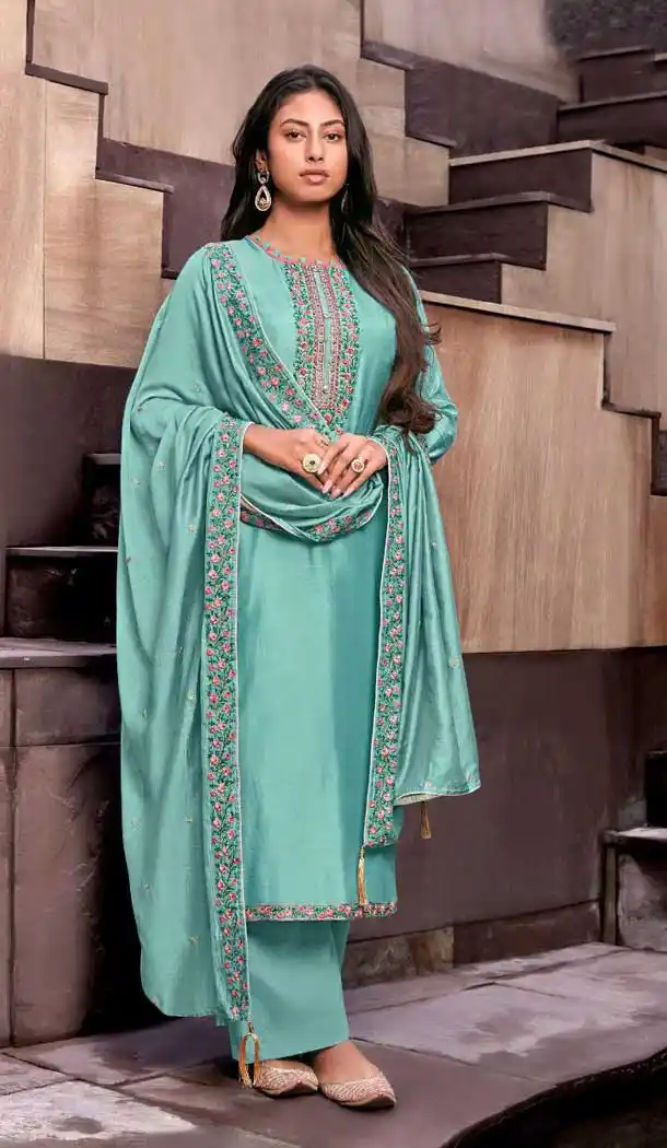 Sky Blue Color Cotton Silk Casual Party Wear Palazzo Salwar Suit -328120039
