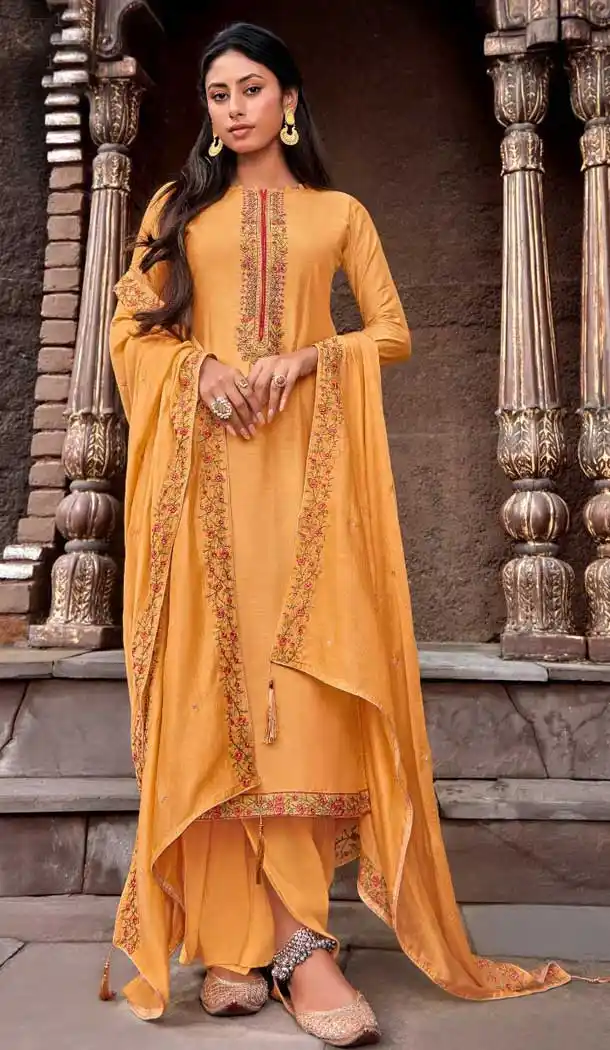 Musterd Color Cotton Silk Casual Party Wear Palazzo Salwar Suit -328120040