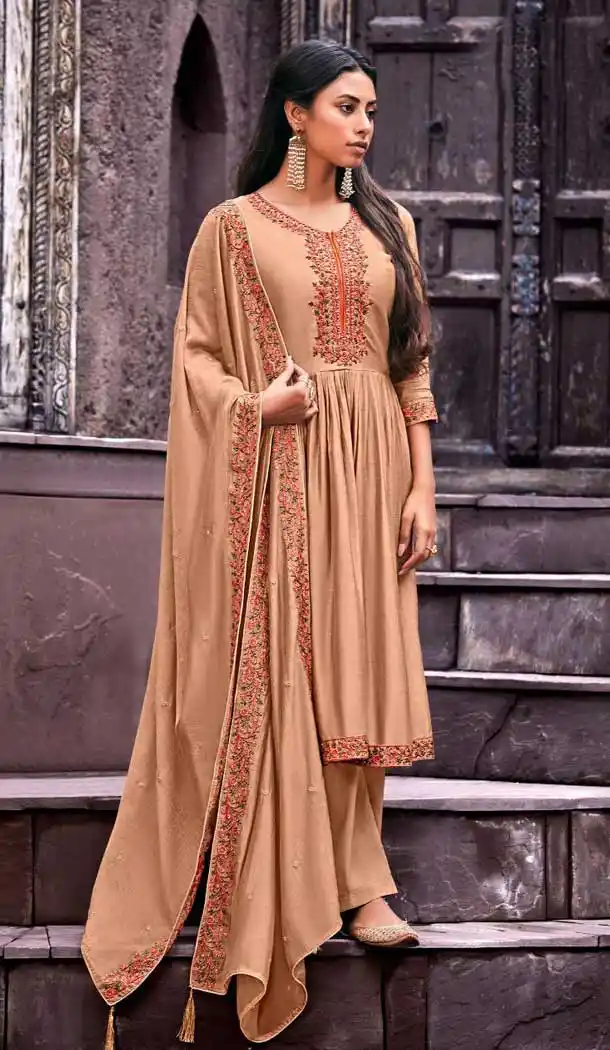 Light Chiku Color Cotton Silk Casual Party Wear Palazzo Salwar Suit -328120045