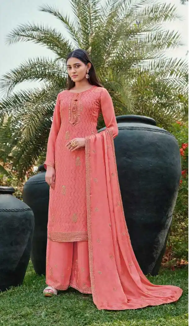 Peach Color Chinnon Casual Party Wear Palazzo Salwar Suit -339120108