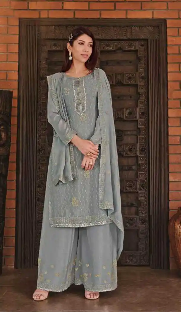 Grey Color Chinnon Casual Party Wear Palazzo Salwar Suit -339120110