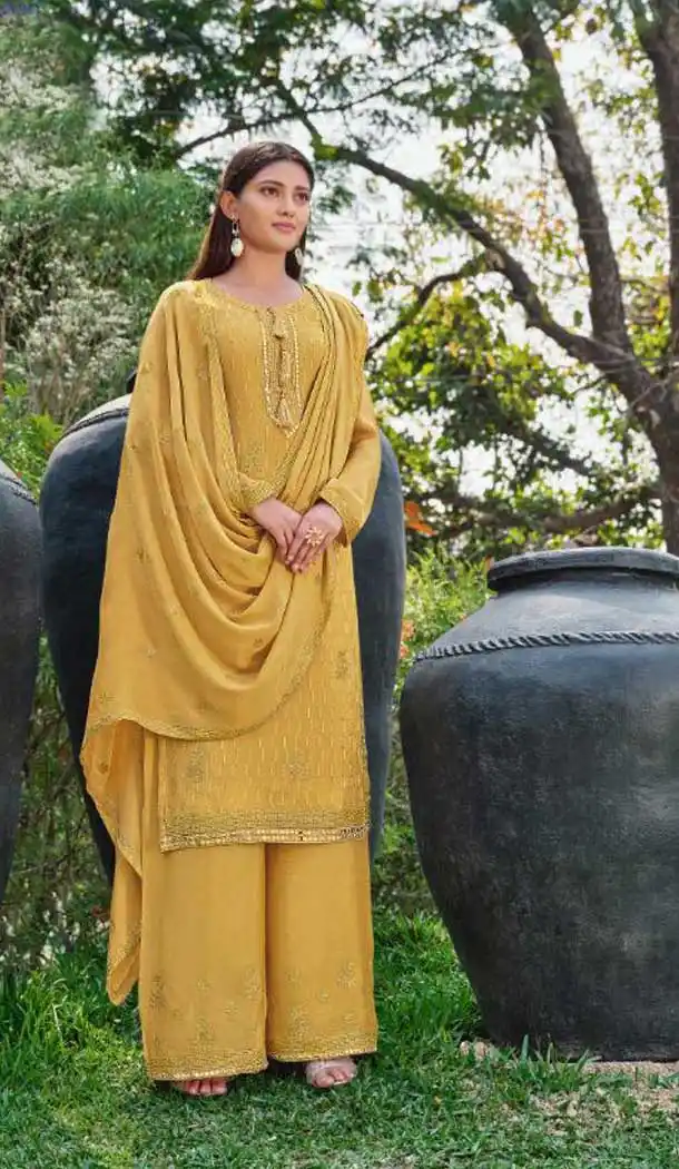 Musterd Color Chinnon Casual Party Wear Palazzo Salwar Suit -339120111