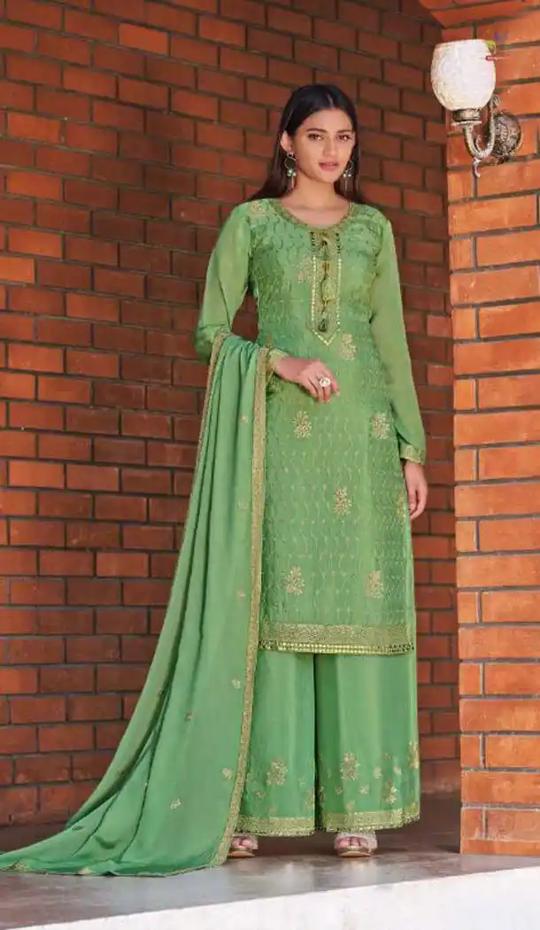 Sea Green Color Chinnon Casual Party Wear Palazzo Salwar Suit -339120112