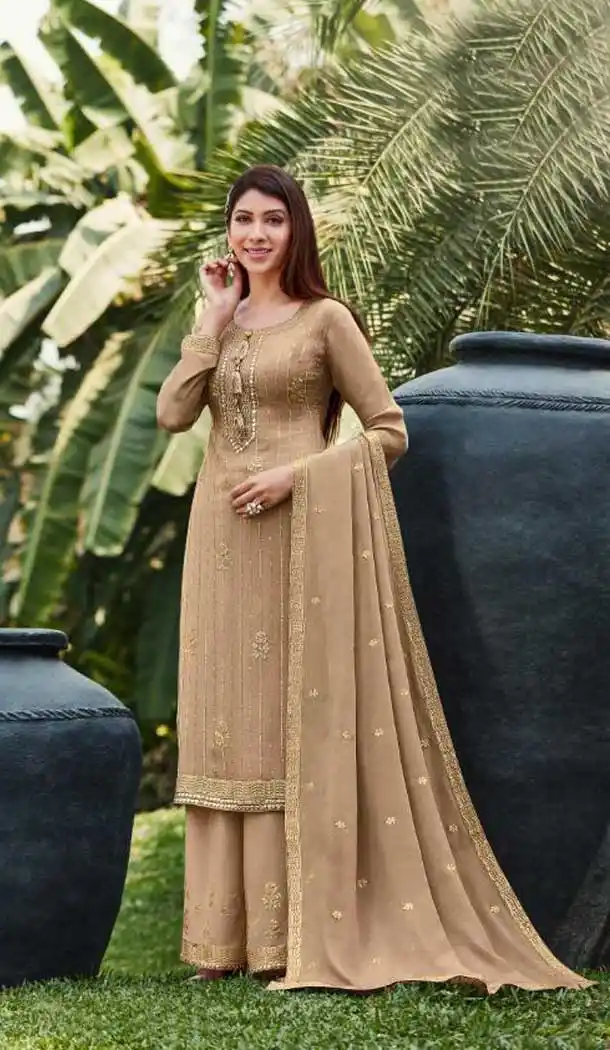 Beige Color Chinnon Casual Party Wear Palazzo Salwar Suit -339120113