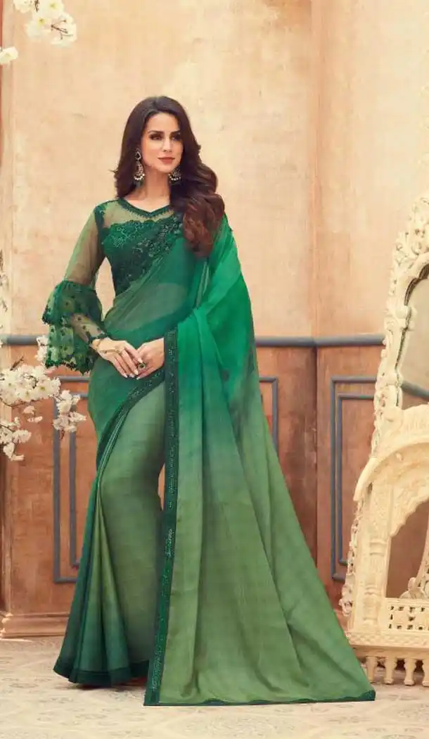 Green Color Chiffon Embroidered Designer Party Wear Saree Blouse -347120154