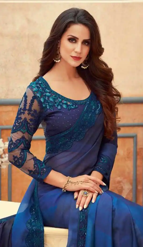 Blue Color Chiffon Embroidered Designer Party Wear Saree Blouse -347120155