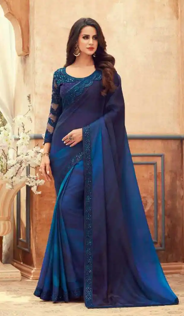 Blue Color Chiffon Embroidered Designer Party Wear Saree Blouse -347120155