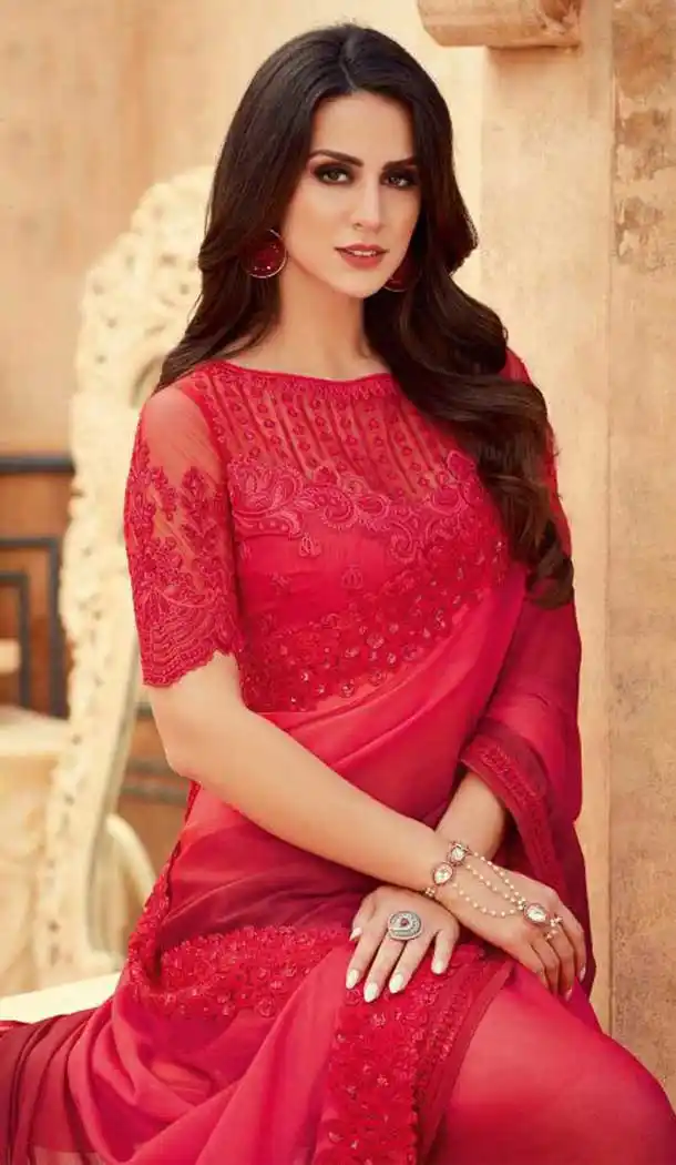 Redish Pink Color Chiffon Embroidered Designer Party Wear Saree Blouse -347120156