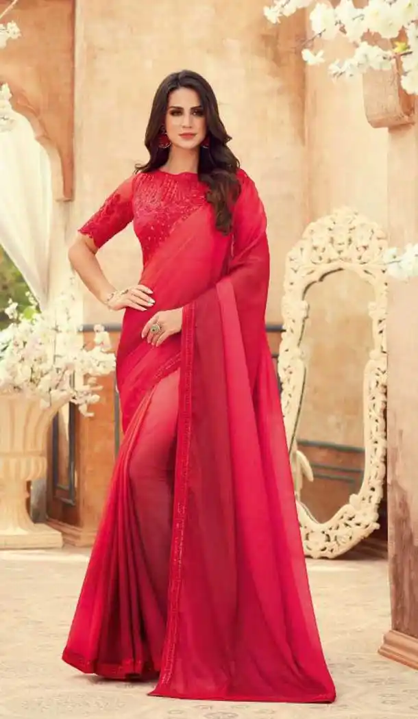 Redish Pink Color Chiffon Embroidered Designer Party Wear Saree Blouse -347120156