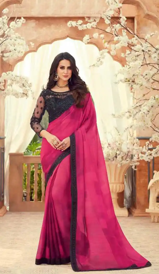 Rani Pink Color Chiffon Embroidered Designer Party Wear Saree Blouse -347120157