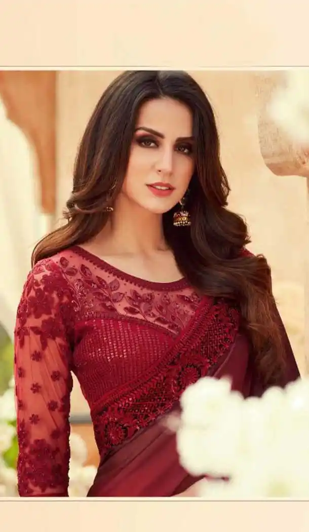 Maroon Color Chiffon Embroidered Designer Party Wear Saree Blouse -347120158
