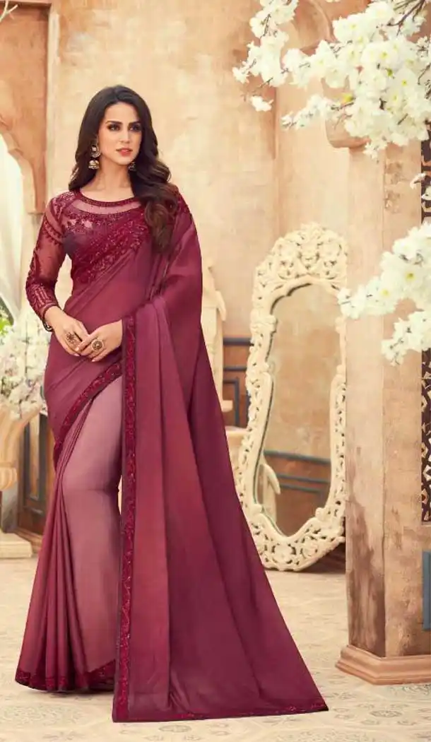 Maroon Color Chiffon Embroidered Designer Party Wear Saree Blouse -347120161