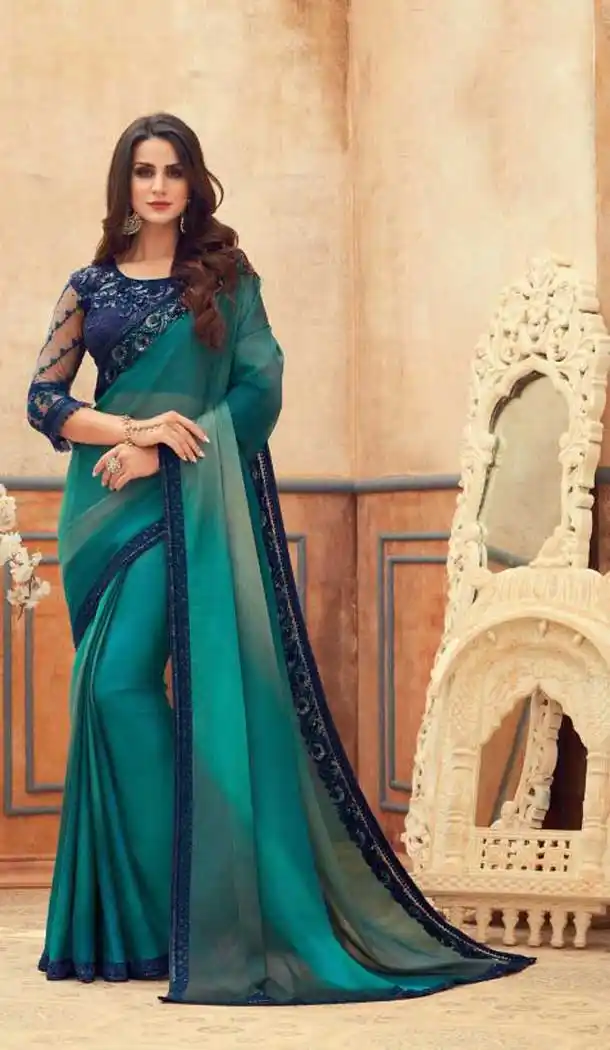 Rama Green Color Chiffon Embroidered Designer Party Wear Saree Blouse -347120162
