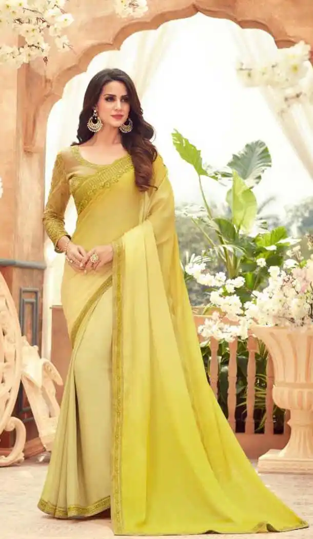 Yellow Color Chiffon Embroidered Designer Party Wear Saree Blouse -347120164