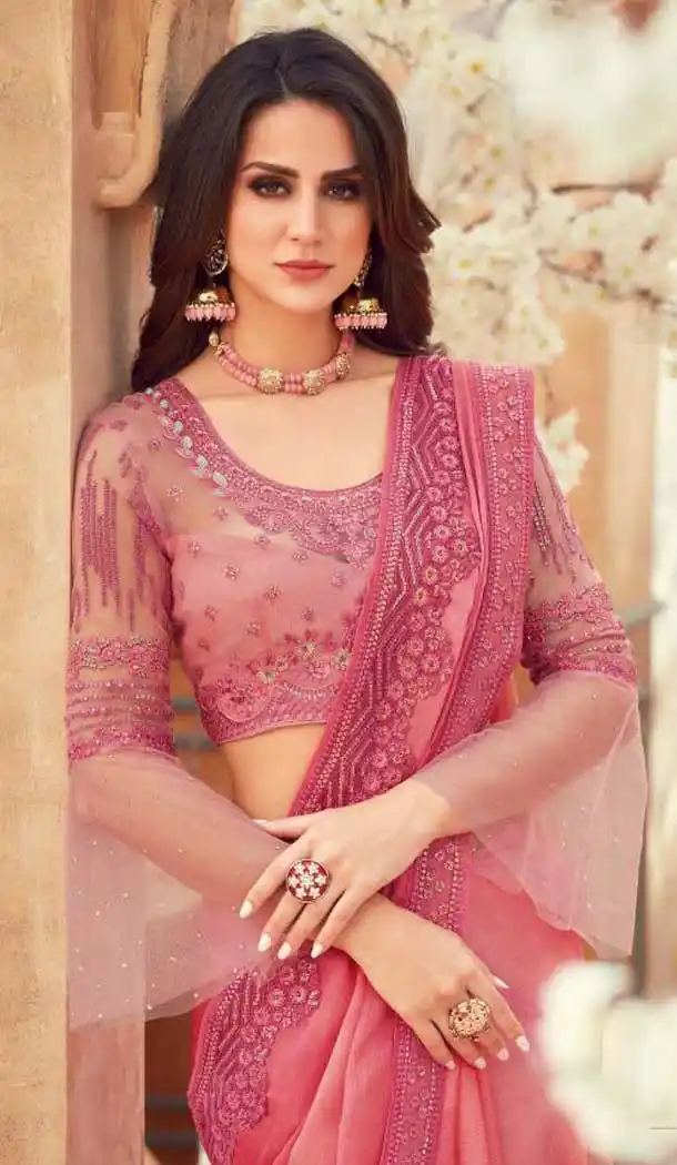 Light Pink Color Chiffon Embroidered Designer Party Wear Saree Blouse -347120165