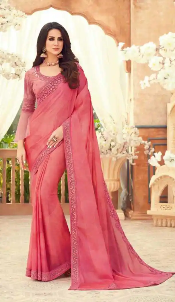 Light Pink Color Chiffon Embroidered Designer Party Wear Saree Blouse -347120165