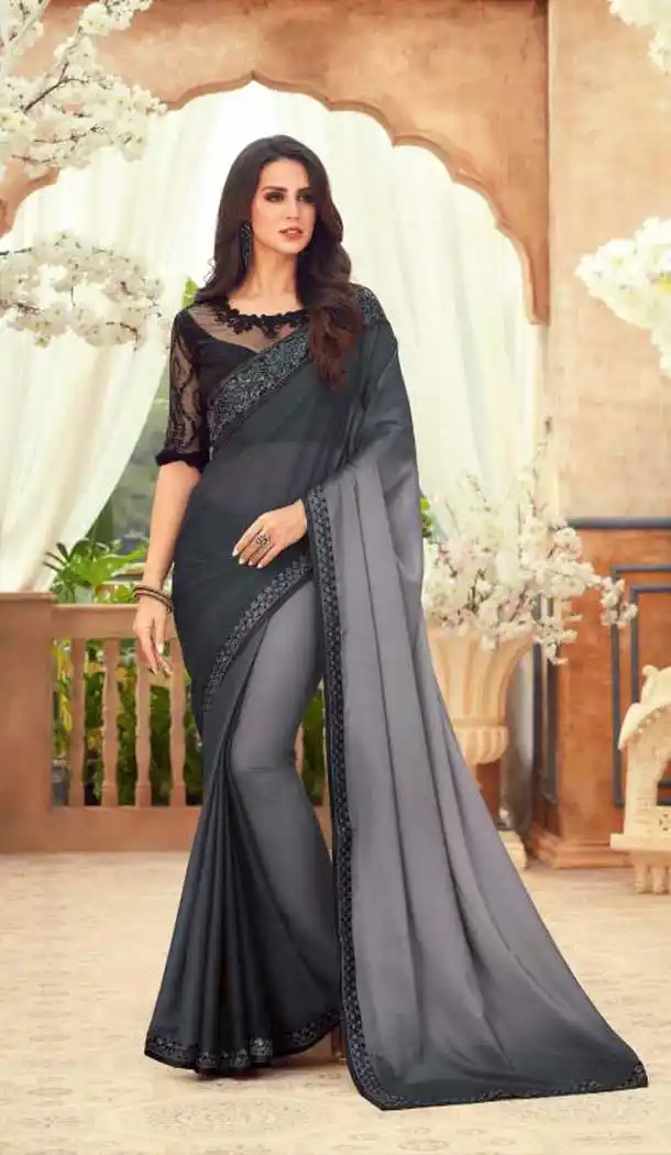Grey Color Chiffon Embroidered Designer Party Wear Saree Blouse -347120166