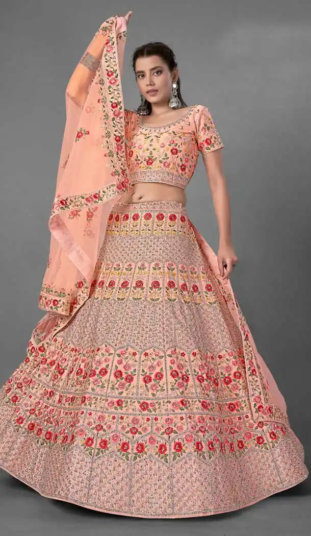 Peach Color Art Silk Designer Bridal Wedding Wear Lehenga Choli -348120171
