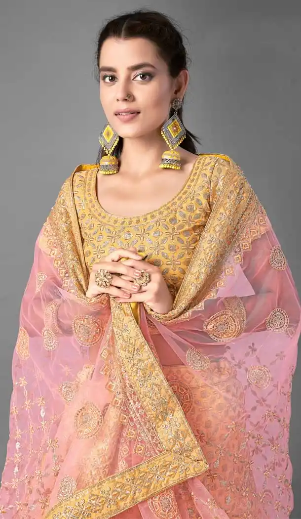 Musterd Color Art Silk Designer Bridal Wedding Wear Lehenga Choli -348120173